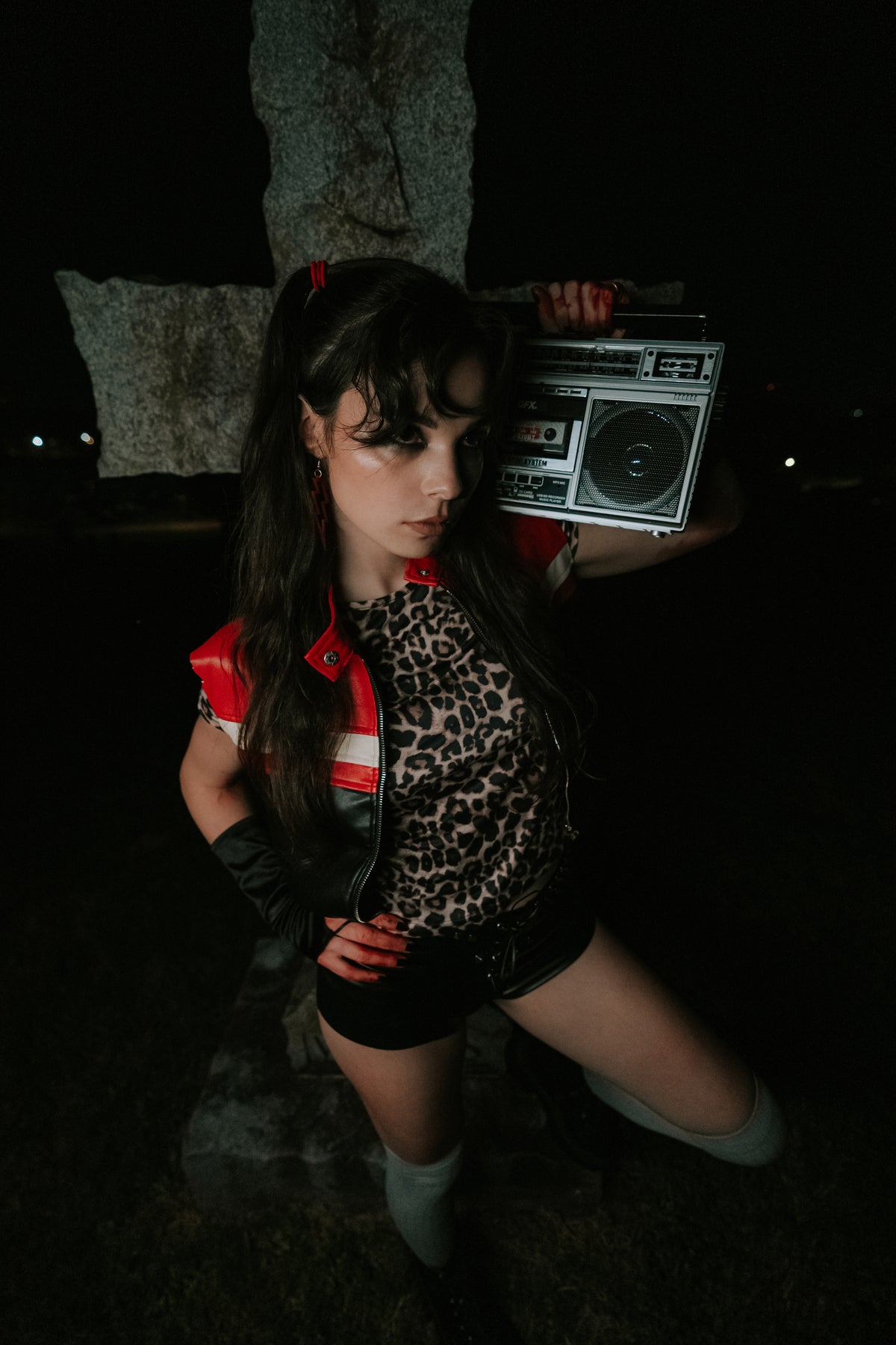 Mary Jo Swank with a boombox
