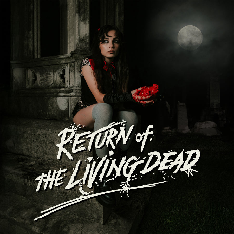 Return of the Living Dead single artwork: Mary Jo on mausoleum steps holding a bloody heart